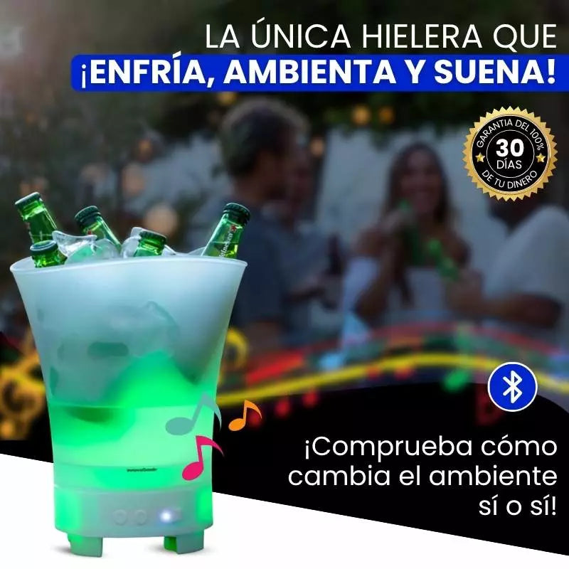 Cubeta 3 en 1: Luces LED + Altavoz + Hielera Compacta y Recargable