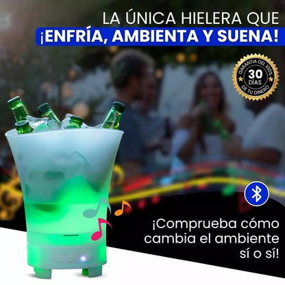 Cubeta 3 en 1: Luces LED + Altavoz + Hielera Compacta y Recargable