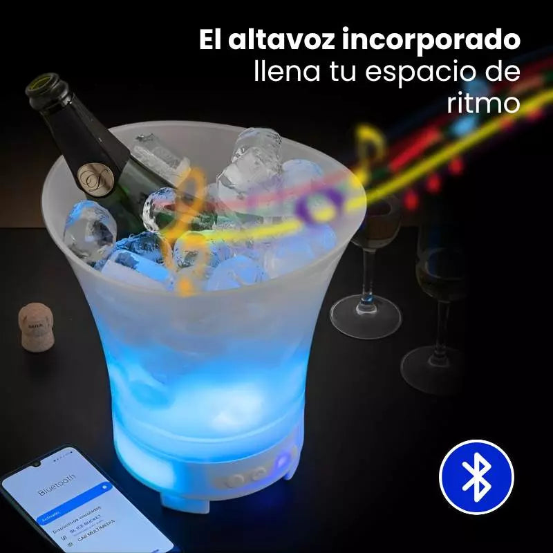 Cubeta 3 en 1: Luces LED + Altavoz + Hielera Compacta y Recargable